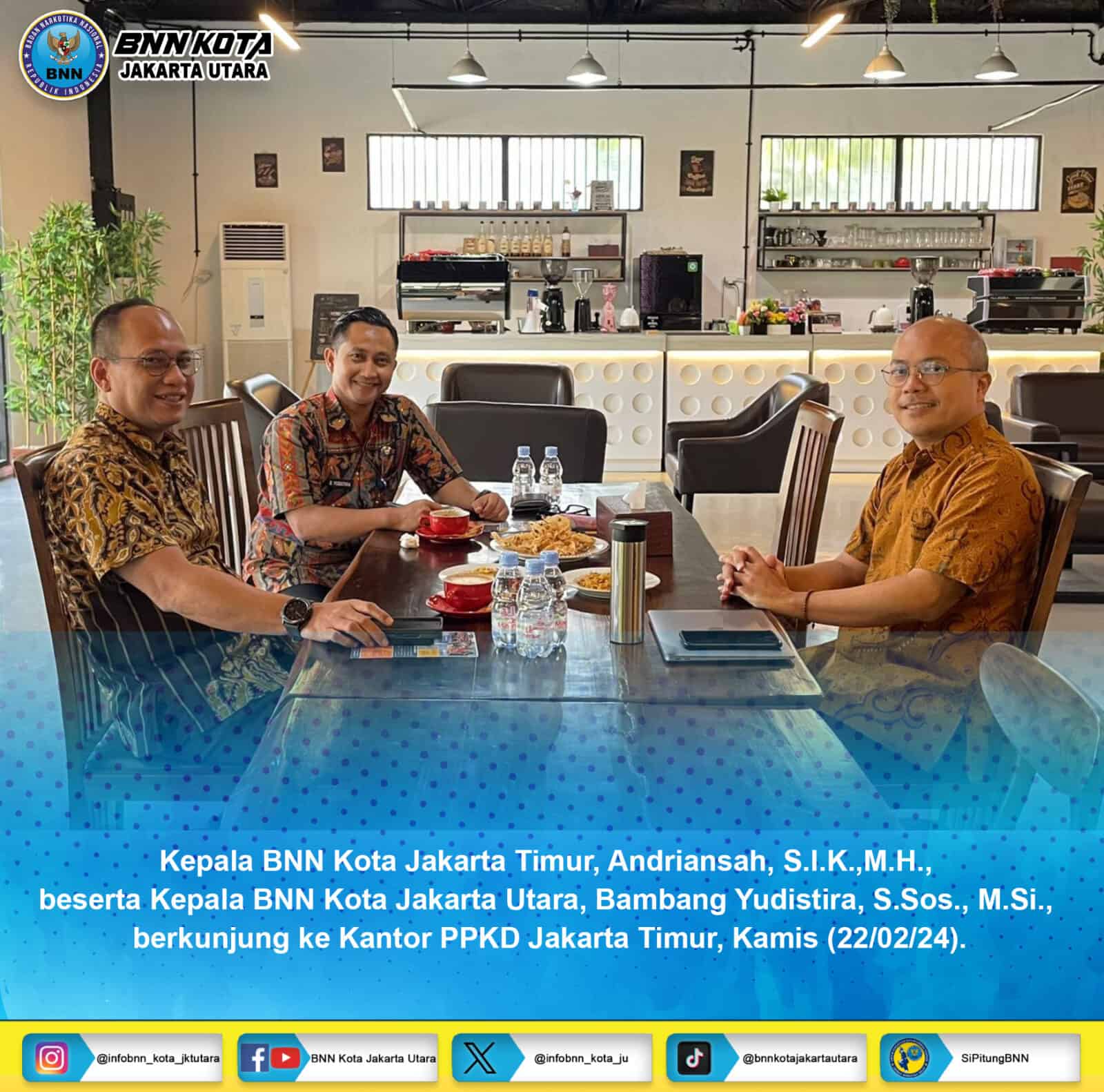 Kepala BNN Kota Jakarta Timur, Andriansah, S.I.K.,M.H., beserta Kepala BNN Kota Jakarta Utara, Bambang Yudistira, S.Sos., M.Si., berkunjung ke Kantor PPKD Jakarta Timur Kepala BNN Kota Jakarta Timur, Andriansah, S.I.K.,M.H., beserta Kepala BNN Kota Jakarta Utara, Bambang Yudistira, S.Sos., M.Si., berkunjung ke Kantor PPKD Jakarta Timur